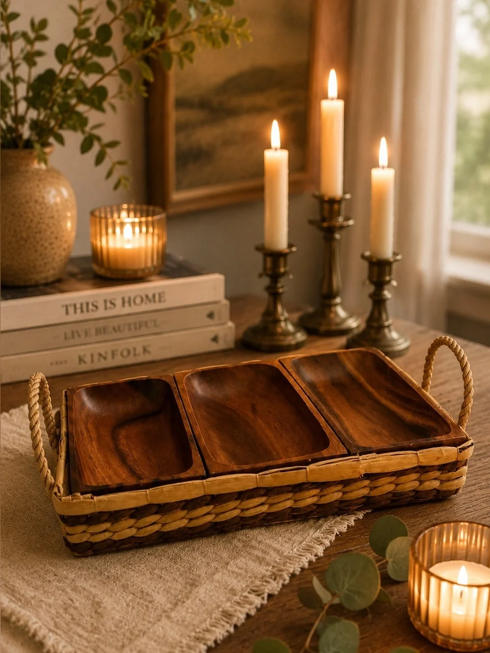 Vintage Teak Divided Serving Tray with Woven Basket & Rope Handles 💕